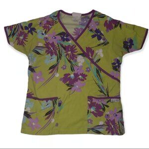 Women's Scrub Top Small Uniform Advantage Green Floral Flowers Purple